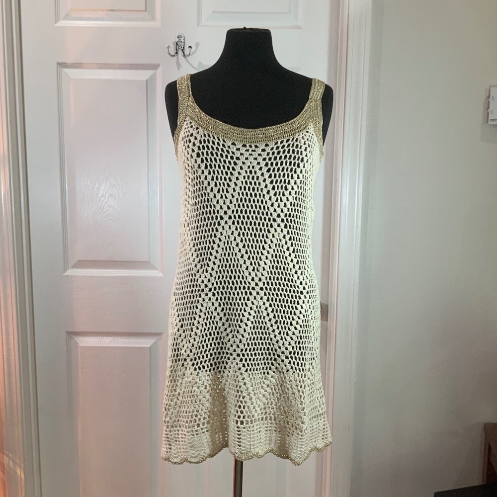 Boston Proper Gold Metallic Crochet Fishnet Ivory Boho Tank Mini Dress Size 2